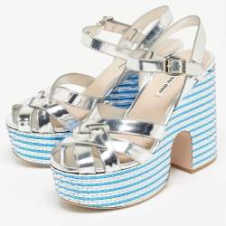 Pre Owned Miu Miu Silver Leather Crystal Embellished Platform Ankle Strap Sandals Size 39