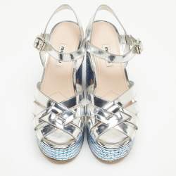 Pre Owned Miu Miu Silver Leather Crystal Embellished Platform Ankle Strap Sandals Size 39