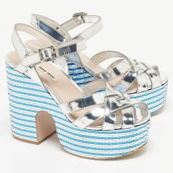 Pre Owned Miu Miu Silver Leather Crystal Embellished Platform Ankle Strap Sandals Size 39