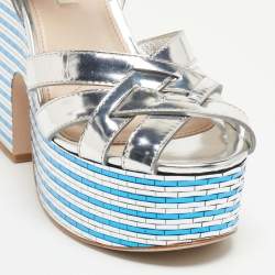 Pre Owned Miu Miu Silver Leather Crystal Embellished Platform Ankle Strap Sandals Size 39