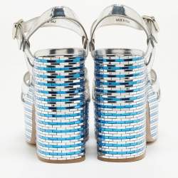 Pre Owned Miu Miu Silver Leather Crystal Embellished Platform Ankle Strap Sandals Size 39