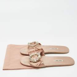 Pre Owned Miu Miu Beige Satin Knot Crystal Embellished Slide Sandals Size 40