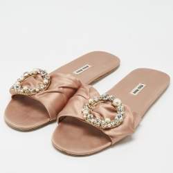 Pre Owned Miu Miu Beige Satin Knot Crystal Embellished Slide Sandals Size 40