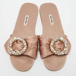 Pre Owned Miu Miu Beige Satin Knot Crystal Embellished Slide Sandals Size 40