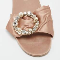 Pre Owned Miu Miu Beige Satin Knot Crystal Embellished Slide Sandals Size 40