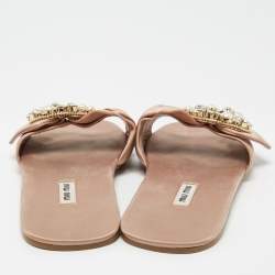 Pre Owned Miu Miu Beige Satin Knot Crystal Embellished Slide Sandals Size 40