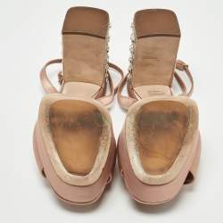 Miu Miu Light Pink Satin Crystal Embellished Platform Ankle Strap Sandals Size 38.5