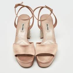 Miu Miu Light Pink Satin Crystal Embellished Platform Ankle Strap Sandals Size 38.5
