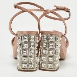 Miu Miu Light Pink Satin Crystal Embellished Platform Ankle Strap Sandals Size 38.5