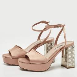 Miu Miu Light Pink Satin Crystal Embellished Platform Ankle Strap Sandals Size 38.5