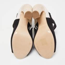 Miu Miu Silver/Black Glitter and Suede Peep-Toe Ankle Boots Size 38