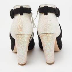 Miu Miu Silver/Black Glitter and Suede Peep-Toe Ankle Boots Size 38