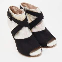 Miu Miu Silver/Black Glitter and Suede Peep-Toe Ankle Boots Size 38