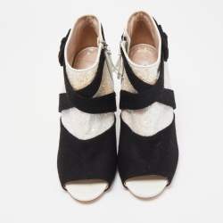 Miu Miu Silver/Black Glitter and Suede Peep-Toe Ankle Boots Size 38