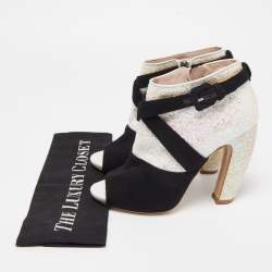 Miu Miu Silver/Black Glitter and Suede Peep-Toe Ankle Boots Size 38
