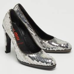 Miu Miu Silver Sequin Round Toe Pumps Size 37