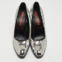 Miu Miu Silver Sequin Round Toe Pumps Size 37