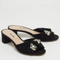 Miu Miu Black Satin and Canvas Crystals Embellished Knot Slide Sandals Size 38.5