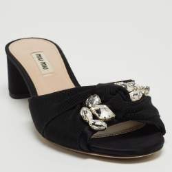 Miu Miu Black Satin and Canvas Crystals Embellished Knot Slide Sandals Size 38.5