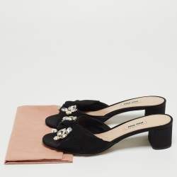 Miu Miu Black Satin and Canvas Crystals Embellished Knot Slide Sandals Size 38.5