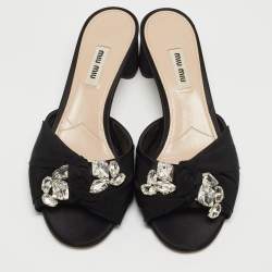 Miu Miu Black Satin and Canvas Crystals Embellished Knot Slide Sandals Size 38.5