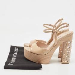 Pre Owned Miu Miu Beige Patent Leather Crystal Embellished Heel Platform Ankle Strap Sandals Size 36.5