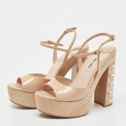 Pre Owned Miu Miu Beige Patent Leather Crystal Embellished Heel Platform Ankle Strap Sandals Size 36.5