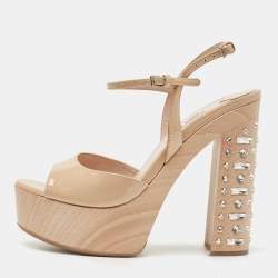 Pre Owned Miu Miu Beige Patent Leather Crystal Embellished Heel Platform Ankle Strap Sandals Size 36.5