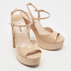 Pre Owned Miu Miu Beige Patent Leather Crystal Embellished Heel Platform Ankle Strap Sandals Size 36.5