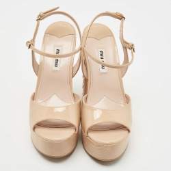 Pre Owned Miu Miu Beige Patent Leather Crystal Embellished Heel Platform Ankle Strap Sandals Size 36.5