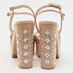 Pre Owned Miu Miu Beige Patent Leather Crystal Embellished Heel Platform Ankle Strap Sandals Size 36.5