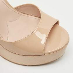 Pre Owned Miu Miu Beige Patent Leather Crystal Embellished Heel Platform Ankle Strap Sandals Size 36.5