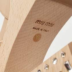 Pre Owned Miu Miu Beige Patent Leather Crystal Embellished Heel Platform Ankle Strap Sandals Size 36.5