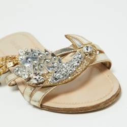 Miu Miu Metallic Leather and Glitter Crystals Embellished Flat Slides Size 36.5