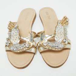 Miu Miu Metallic Leather and Glitter Crystals Embellished Flat Slides Size 36.5