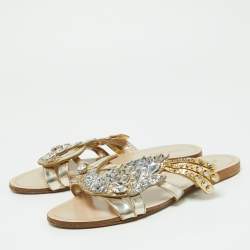 Miu Miu Metallic Leather and Glitter Crystals Embellished Flat Slides Size 36.5