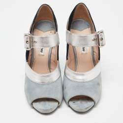 Miu Miu Tri Color Leather and Suede Bow Peep Toe Pumps Size 38