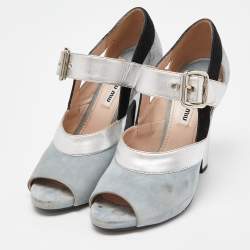 Miu Miu Tri Color Leather and Suede Bow Peep Toe Pumps Size 38