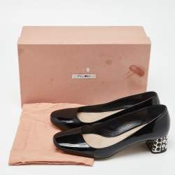 Miu Miu Black Patent Leather Crystal Embellished Block Heel Pumps Size 36.5