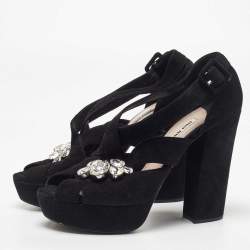 Miu Miu Black Suede Crystal Embellished Platform Sandals Size 40