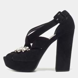 Miu Miu Black Suede Crystal Embellished Platform Sandals Size 40