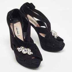 Miu Miu Black Suede Crystal Embellished Platform Sandals Size 40