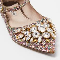 Miu Miu Multicolor Coarse Glitter Crystal Embellished Mary Jane Ballet Flats Size 37.5