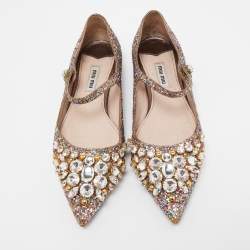 Miu Miu Multicolor Coarse Glitter Crystal Embellished Mary Jane Ballet Flats Size 37.5