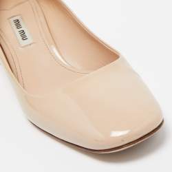 Miu Miu Beige Patent Leather Crystal Embellished Block Heel Pumps Size 37.5