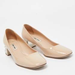 Miu Miu Beige Patent Leather Crystal Embellished Block Heel Pumps Size 37.5