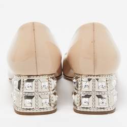 Miu Miu Beige Patent Leather Crystal Embellished Block Heel Pumps Size 37.5