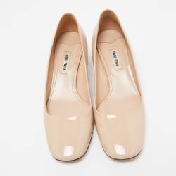 Miu Miu Beige Patent Leather Crystal Embellished Block Heel Pumps Size 37.5