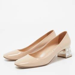 Miu Miu Beige Patent Leather Crystal Embellished Block Heel Pumps Size 37.5