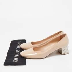 Miu Miu Beige Patent Leather Crystal Embellished Block Heel Pumps Size 37.5